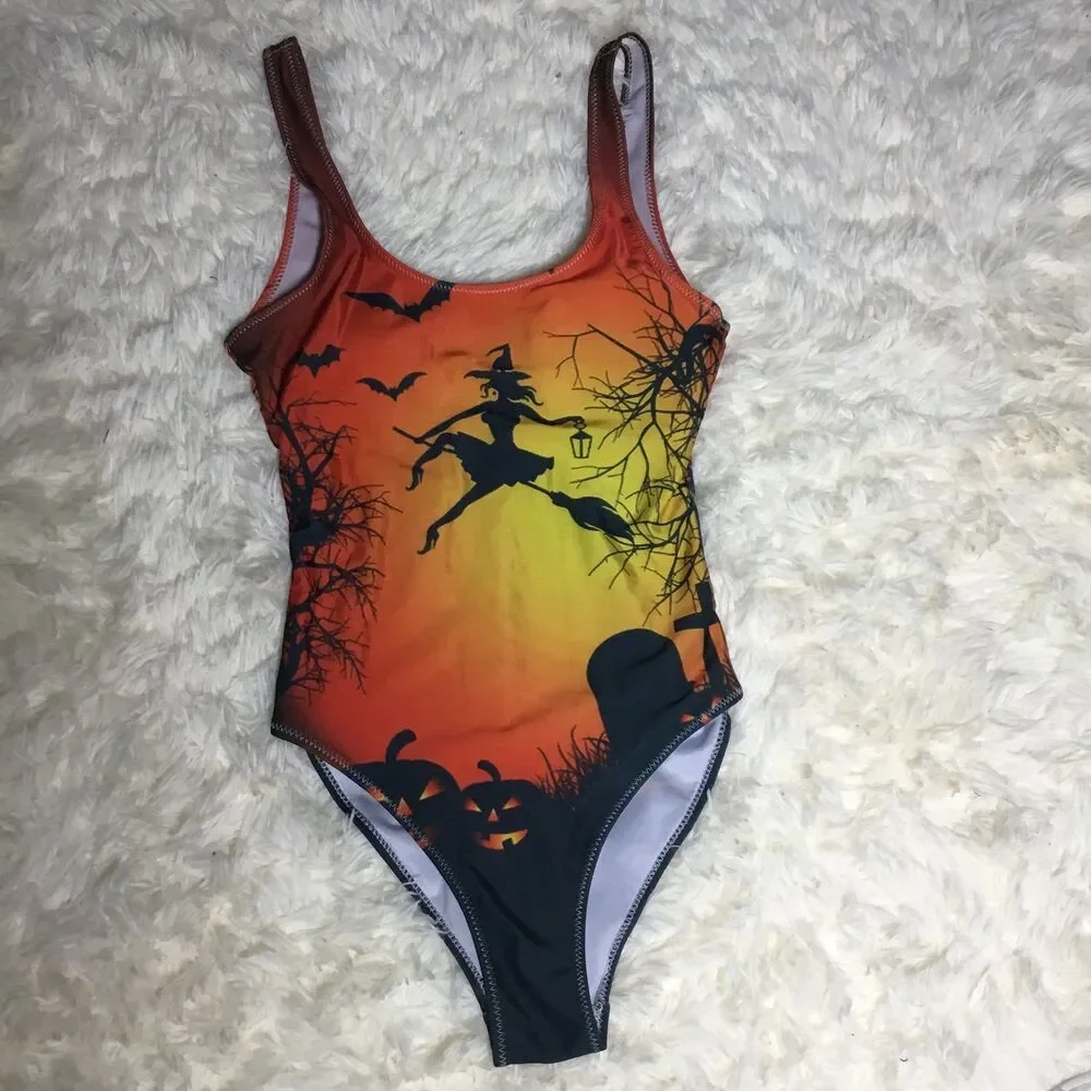 Halloween witch pumpkin bats swimsuit one piece orange yellow black silhouette S
